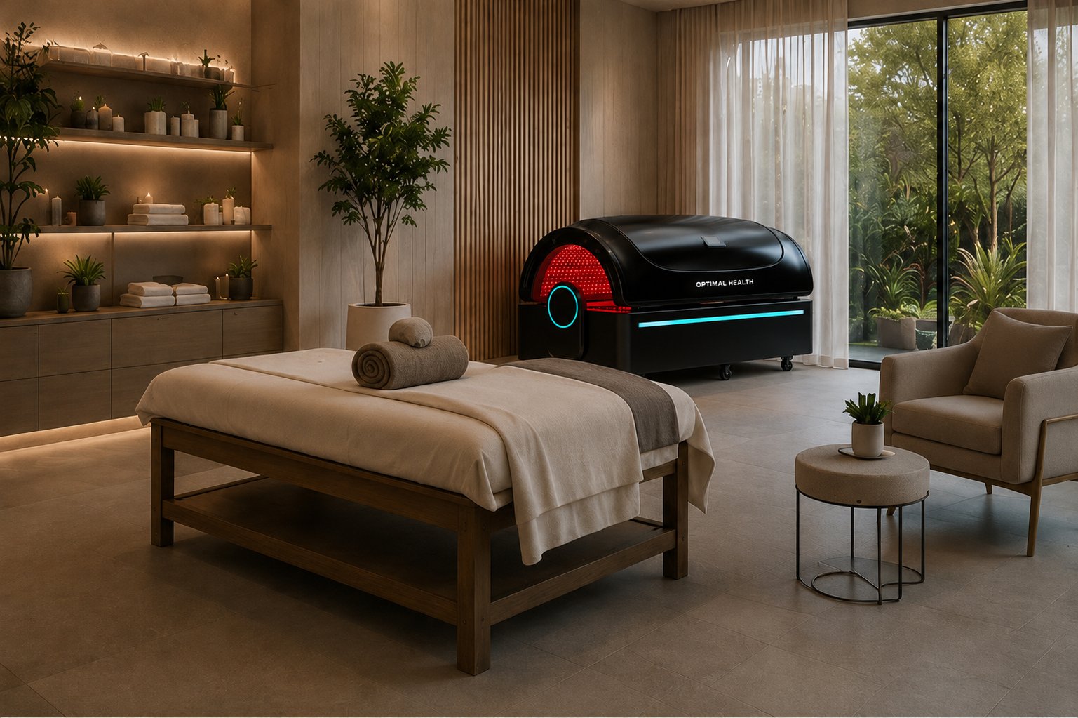 A full-body red light therapy session on the Red Light Therapy Bed